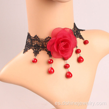 Moda encaje Collar Collar perla rosa roja encaje